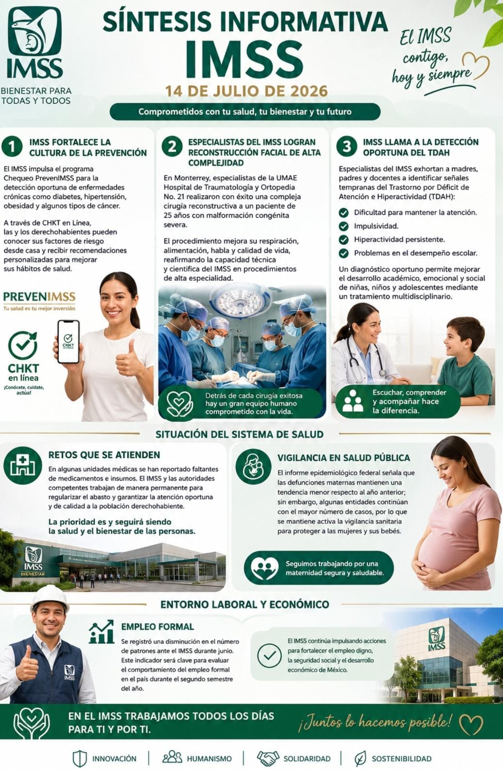 La agenda informativa del Instituto Mexicano del Seguro Social (IMSS) estuvo centrada en acciones de prevención, atención médica de alta especialidad y fortalecimiento de los servicios de salud.