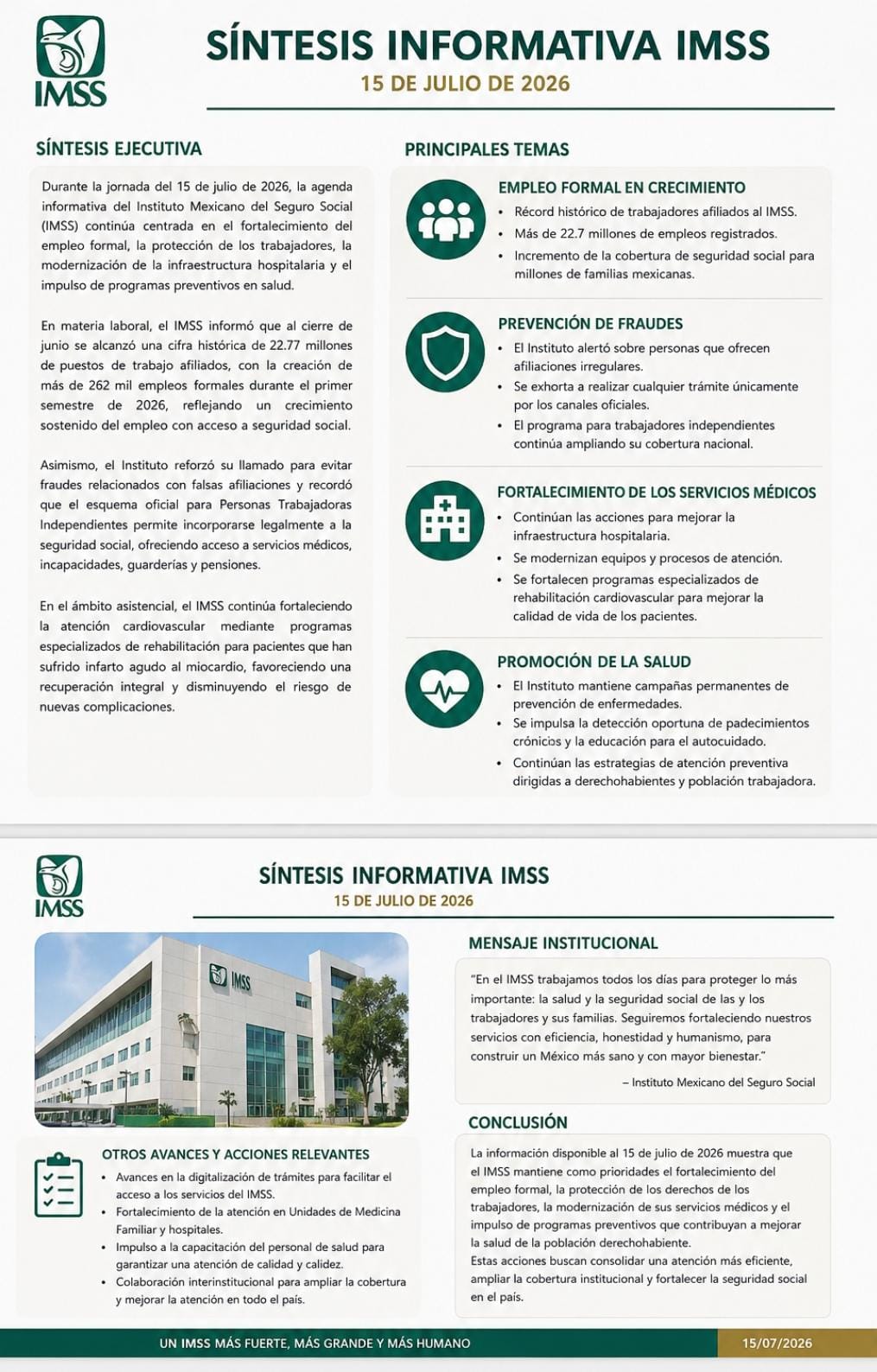 Durante la jornada del 15 de julio de 2026, la agenda informativa del Instituto Mexicano del Seguro Social (IMSS) continúa centrada en el fortalecimiento del empleo formal, la protección de los trabajadores