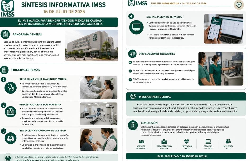 Durante el 16 de julio, la información institucional del IMSS estuvo enfocada en el fortalecimiento de los servicios médicos, la modernización de la infraestructura hospitalaria.