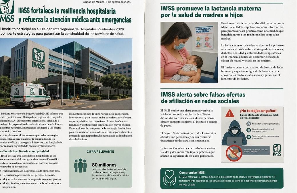 Ciudad de México, 6 de agosto de 2026. El Instituto Mexicano del Seguro Social (IMSS) informó que México participó en el Diálogo Interregional de Hospitales Resilientes 2026.
