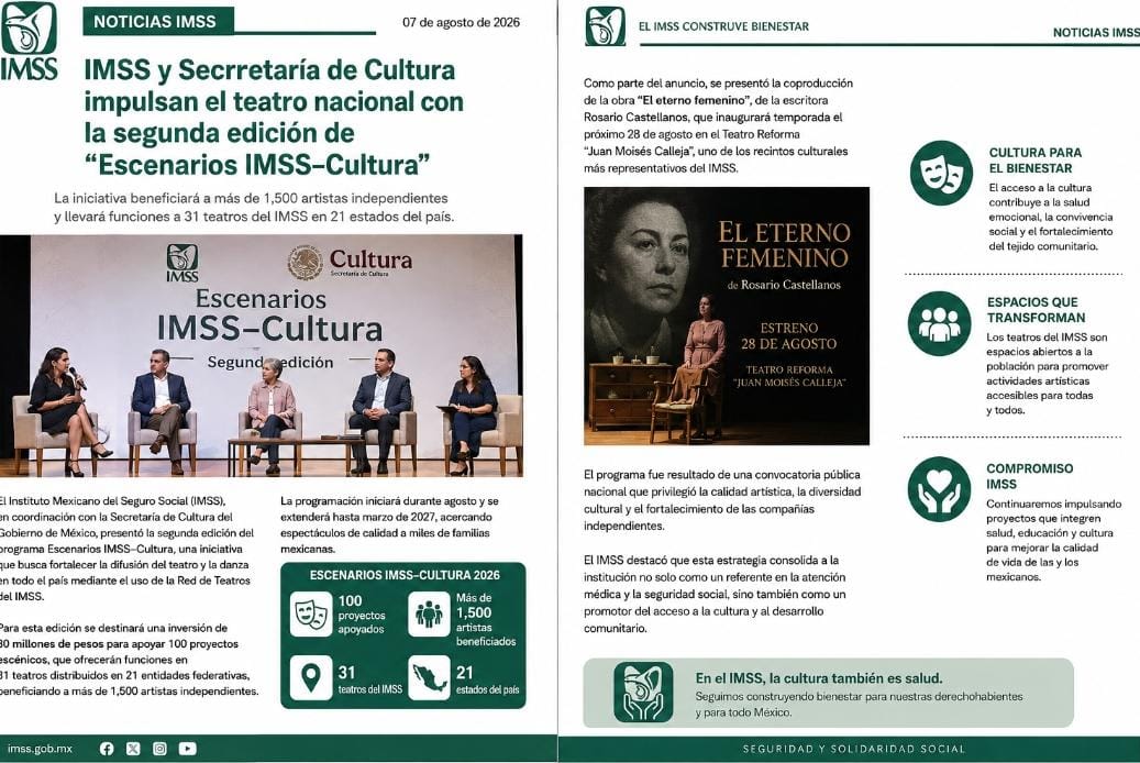 IMSS y Secretaría de Cultura fortalecen el teatro nacional con una nueva edición de “Escenarios IMSS–Cultura”.