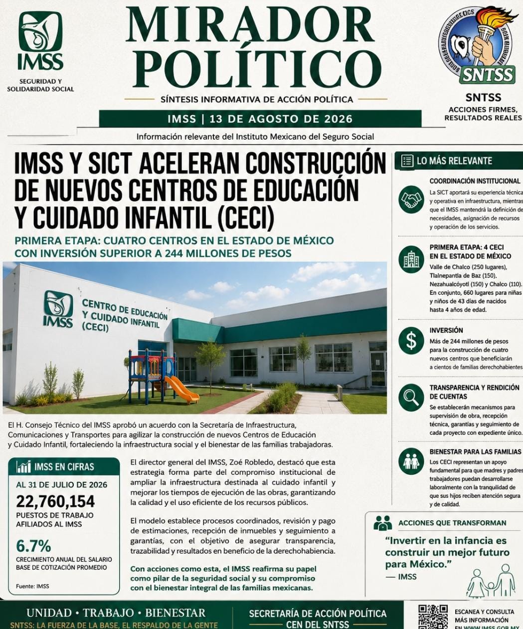 IMSS y SICT aceleran la construcción de nuevos Centros de Educación y Cuidado Infantil.