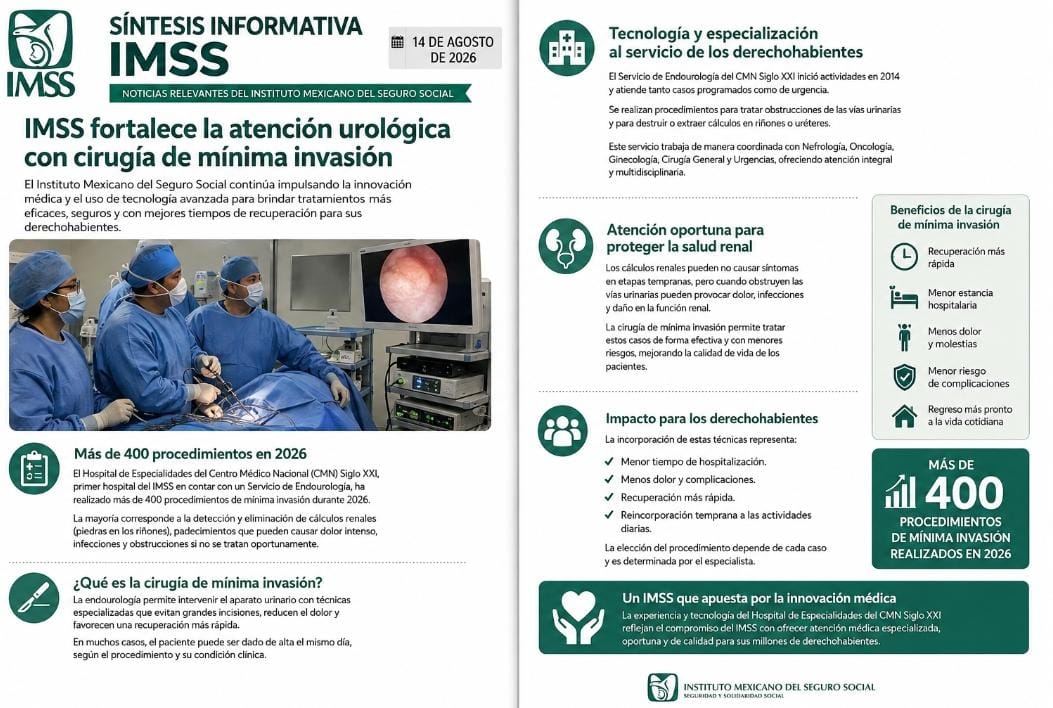 De acuerdo con información oficial del Instituto, el Hospital de Especialidades del Centro Médico Nacional (CMN) Siglo XXI fue el primer hospital del Seguro Social en contar con un Servicio de Endourología.