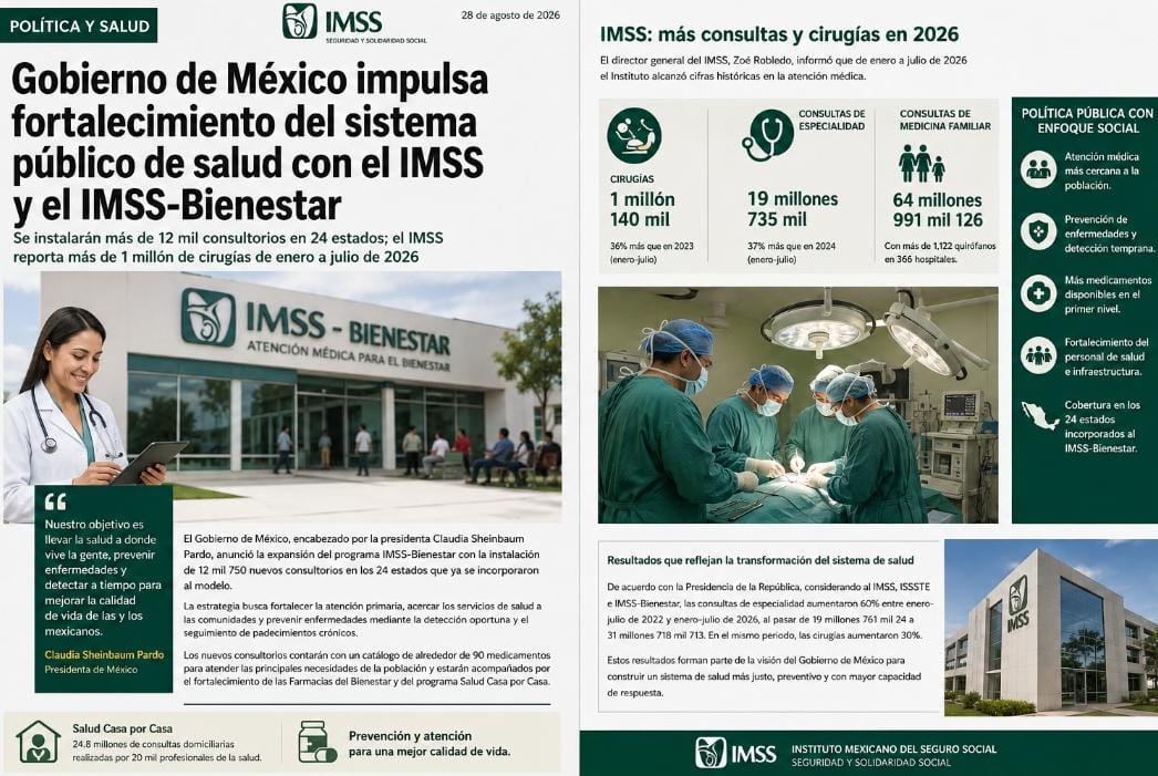La Presidencia informó que, considerando IMSS, ISSSTE e IMSS-Bienestar, las consultas de especialidad aumentaron 60 por ciento entre enero-julio de 2022 y enero-julio de 2026, al pasar de 19 millones 761 mil 024 a 31 millones 718 mil 713. En el mismo peri