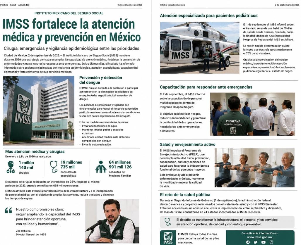 Uno de los temas prioritarios es la prevención y detección del dengue. El IMSS hizo un llamado a la población a participar activamente en la eliminación de criaderos del mosquito Aedes aegypti, principal transmisor de esta enfermedad.